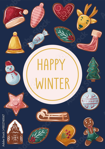 Winter banner with gingerbread cookies. Christmas baking card on the deep blue background.