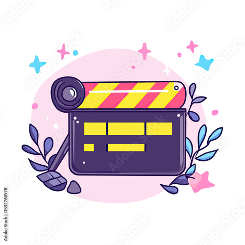 Colorful cinema clapboard with yellow and pink stripes surrounded by decorative leaves and stars cartoon vector illustration flat minimalist style