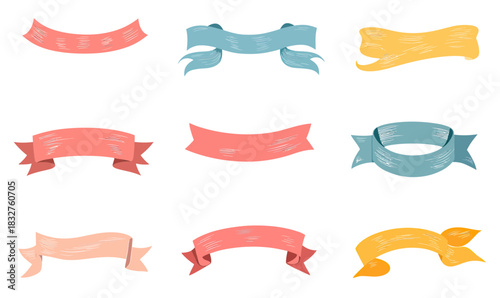 Set of nine colorful vintage hand drawn ribbon banners in pastel shades with curved and folded shapes for decorative labels and design elements vector illustration