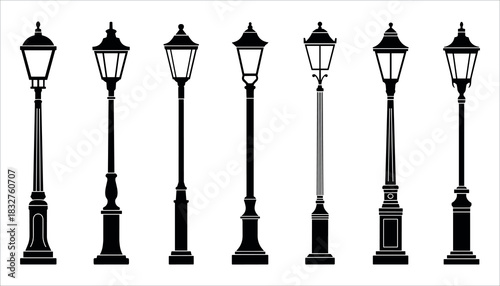 Collection of seven black silhouette vintage street lamps on white background lamppost black and white