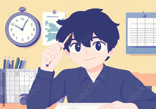 Young person planning schedule with pencil at desk featuring wall clock calendar charts in minimal flat vector style for time management productivity concept