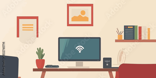 Minimalist home workspace with computer displaying wifi symbol, potted plant, bookshelf, and framed wall art in modern office interior