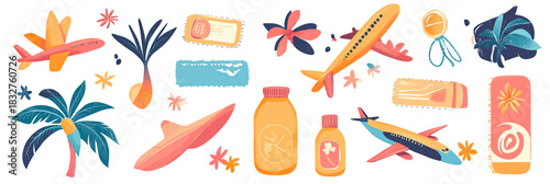 Colorful summer travel icons set with airplanes, tropical leaves, tickets, sunscreen bottles, and beach elements in flat minimalist vector style for vacation themes