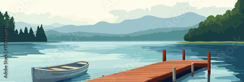 Calm lake with wooden dock and single rowboat floating near forested shoreline under blue sky with distant mountains scenic landscape illustration