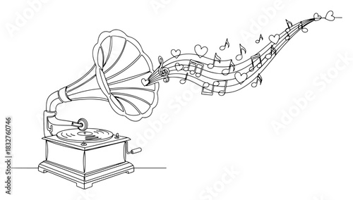 Vintage gramophone playing romantic music vector illustration continuous one line drawing of a phonograph with hearts and notes