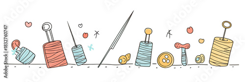 Hand drawn sewing needle with colorful spools of thread and buttons in doodle sketch style for textile craft and embroidery tools illustration