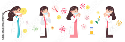 Female doctor wearing white coat and face mask using cotton swab for allergy skin test with colorful pollen virus icons flat vector illustration