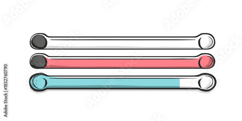 Hand drawn loading bars set in sketch style showing different progress levels with blue and red color fills for download and upload status indicators in minimalist vector design