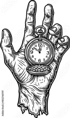 Dark hand reaching up with an old pocket watch face on the palm against black background