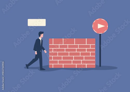 Confused businessman facing brick wall obstacle near play button sign on empty blue background concept of career barrier challenge and confusion in flat minimalist vector design