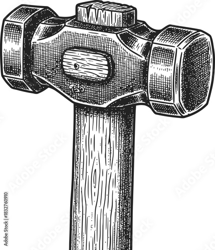Dark illustration of a ball peen hammer with a wooden handle on a black background