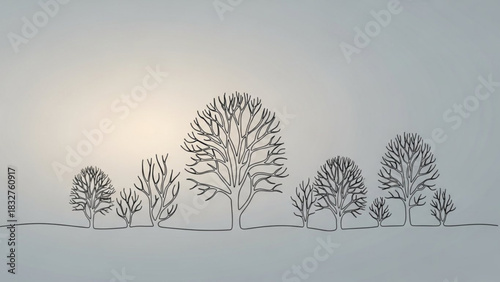 Minimalist single line drawing of bare deciduous trees in varying sizes against a soft gradient sky with a subtle light source