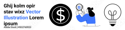Financial analysis, economic research, innovation, money management, business growth, creative solutions. Currency symbol, magnifying glass and light bulb elements. Financial analysis and economic