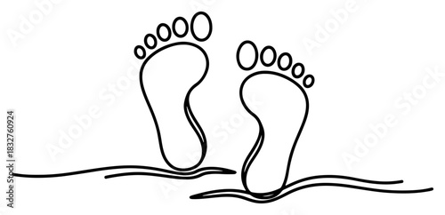 Continuous one line drawing of bare footprints pair walking on ground or sand vector illustration