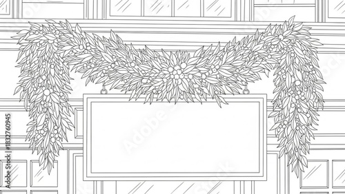 A festive garland of leaves and berries adorns a storefront framing a blank sign for custom text and seasonal decorations