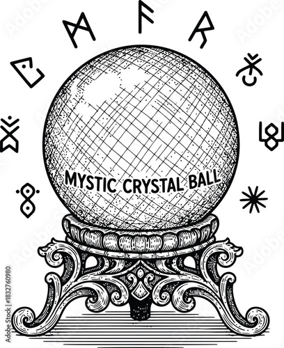 Dark mystical globe with ancient runic symbols on a decorative stand for fortune telling