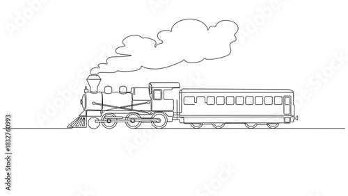 A continuous line drawing depicts a classic steam locomotive puffing smoke as it travels along a track with a passenger car attached