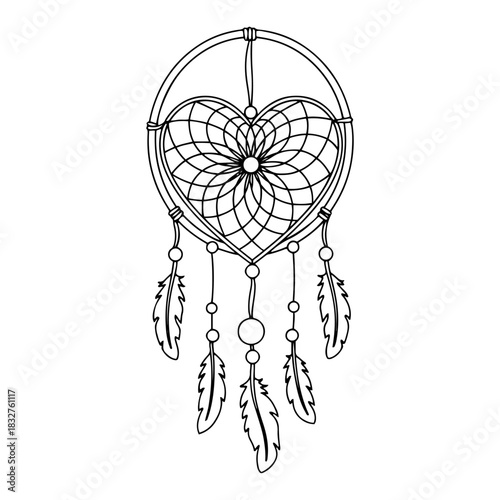 Heart shaped dreamcatcher with hanging feathers vector illustration black and white outline drawing of a boho amulet for romantic valentine decoration
