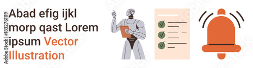 Task management, automation, digital organization, futuristic technology, efficiency, productivity. A robot holding a checklist and a ringing bell. Task management and automation concept