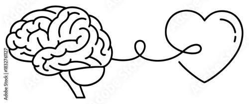 Human brain connected to a heart shape with a wire vector illustration black and white outline drawing of mind and emotion balance for valentine