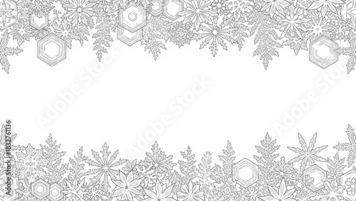 Intricate snowflake borders a delicate winter wonderland design featuring hexagonal and starburst ice crystal formations for festive decorations and holiday crafts