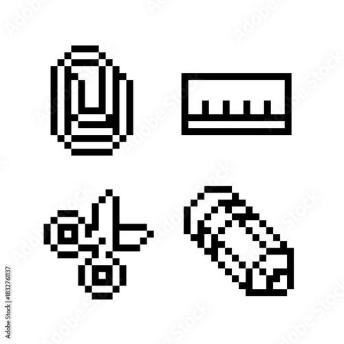 Pixel art set of school and office items backpack, ruler, scissors and pencil. Retro 8-bit style icons for UI design, apps, games, creative tools, education interfaces and digital layouts.