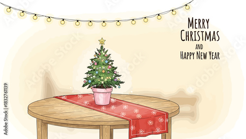 A festive watercolor illustration of a small Christmas tree on a wooden table with holiday greetings.