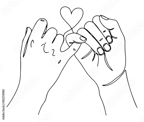 Continuous one line drawing of two hands making a pinky promise gesture connected by a small heart symbol