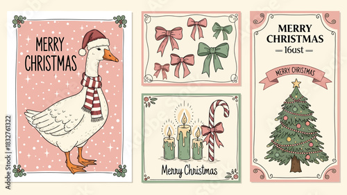 Vintage Christmas cards featuring a festive goose, decorative bows, lit candles, and a traditional decorated tree.