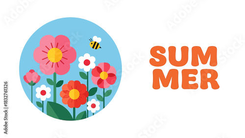 A vibrant illustration depicting a garden of colorful flowers with a bee flying, alongside the bold orange word "SUMMER".