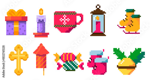 Pixel Art Christmas Elements Set .  Holiday Decorations and Festive Icons.