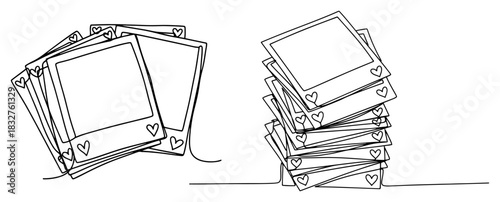 Continuous one line drawing of instant photo frames stack with hearts for romantic memories and Valentines Day