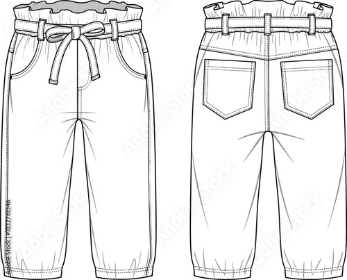 Paperbag waist pants, elastic cuffs, front and back view, fashion illustration, fabric belt, garment sketch, casual wear, technical design