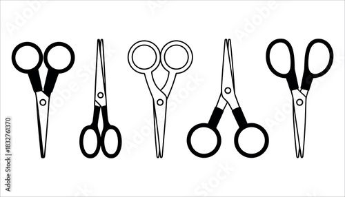 Five black and white line art illustrations of scissors in various styles cutting tool