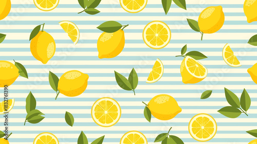 Lemon pattern with slices and leaves on a striped background.
