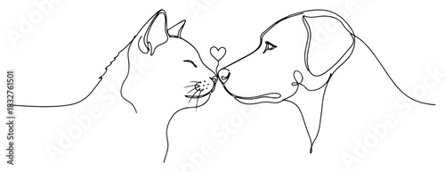 Cat and dog touching noses with a heart vector illustration continuous one line drawing of pet friendship and love for valentine design
