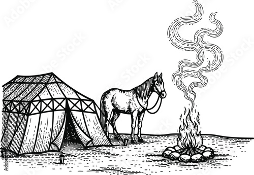 Dark silhouette of a horse standing near a tent with a serpent rising from smoke