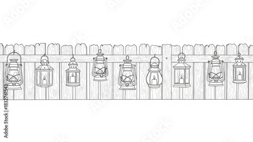 A charming collection of various vintage kerosene lanterns with lit candles are artistically suspended from a rustic wooden fence