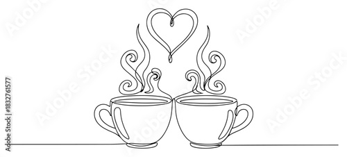 Continuous one line drawing of two steaming hot coffee cups with vapor forming a romantic heart symbol