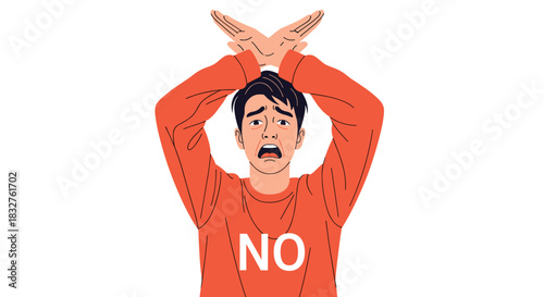 Man with arms crossed in an X shape over his head, looking distressed.