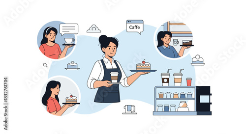 Barista serves cake and coffee while customers order via digital screens in a cafe.