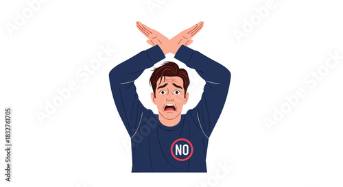 Man makes X with hands above head, showing a distressed expression and a 'no' symbol on his shirt.