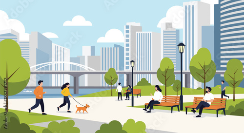 People enjoying a sunny day in an urban park with city buildings in the background.