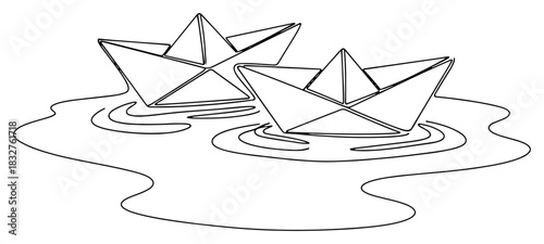 Continuous one line drawing of two paper boats floating together on water ripples symbolizing journey and shared path