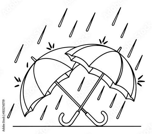 Continuous one line drawing of two umbrellas under falling rain symbolizing shared shelter and romantic care