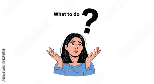 Confused young woman with hands raised and a question mark overhead, illustrating indecision or uncertainty.