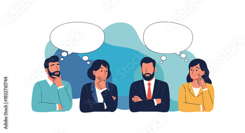 Four diverse business people in suits and casual wear are thinking and looking up at thought bubbles.