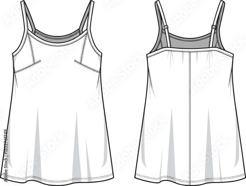 Sleeveless camisole dress sketch, technical fashion illustration, adjustable straps, princess seams, front and back view, Adobe Stock, garment design