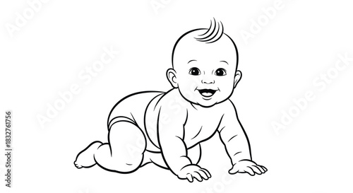 Close up of a happy baby crawling on a white background in a simple black and white line drawing.