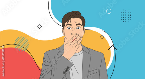 A surprised man in a suit covers his mouth with his hand in front of abstract colorful shapes.